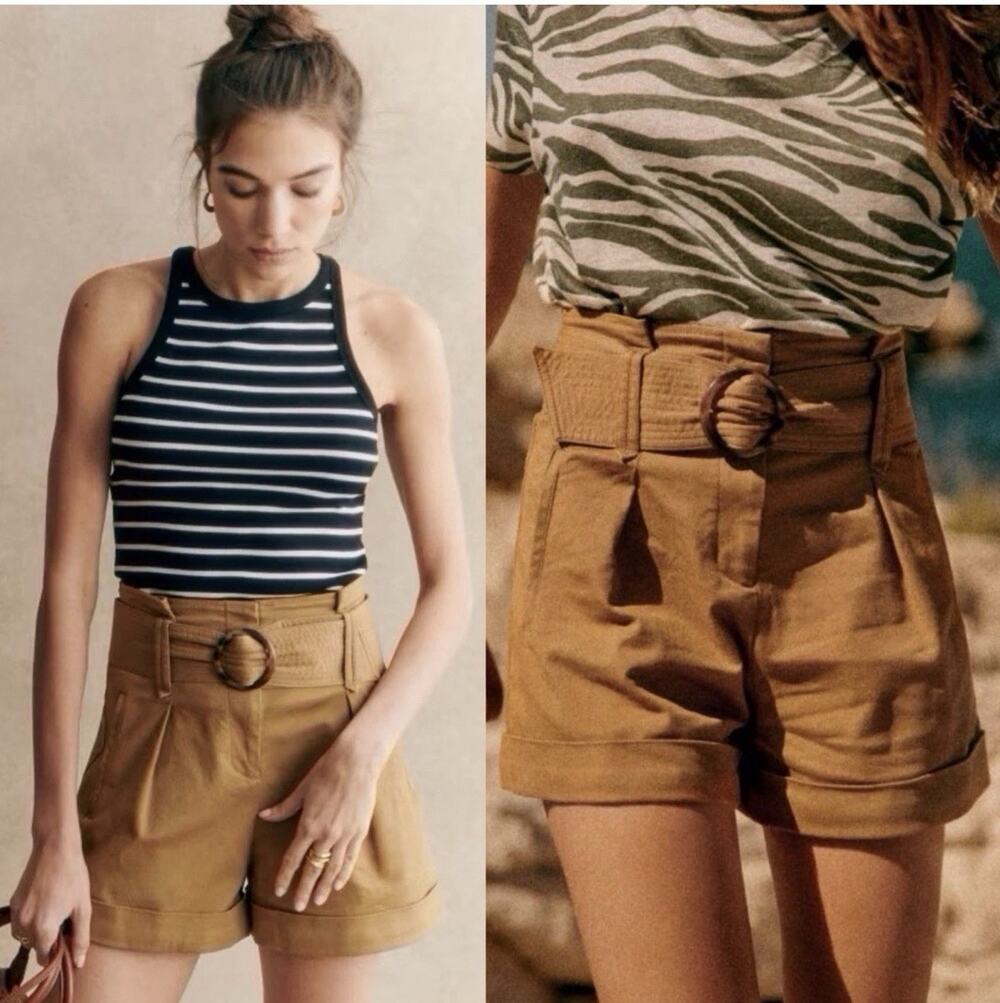 Sezane "Rome" high-waisted flared shorts in Caramel Size 34